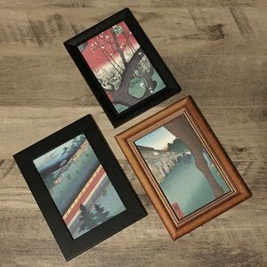 Three Wooden Frame Lot With Sumi-E Hokusai Prints